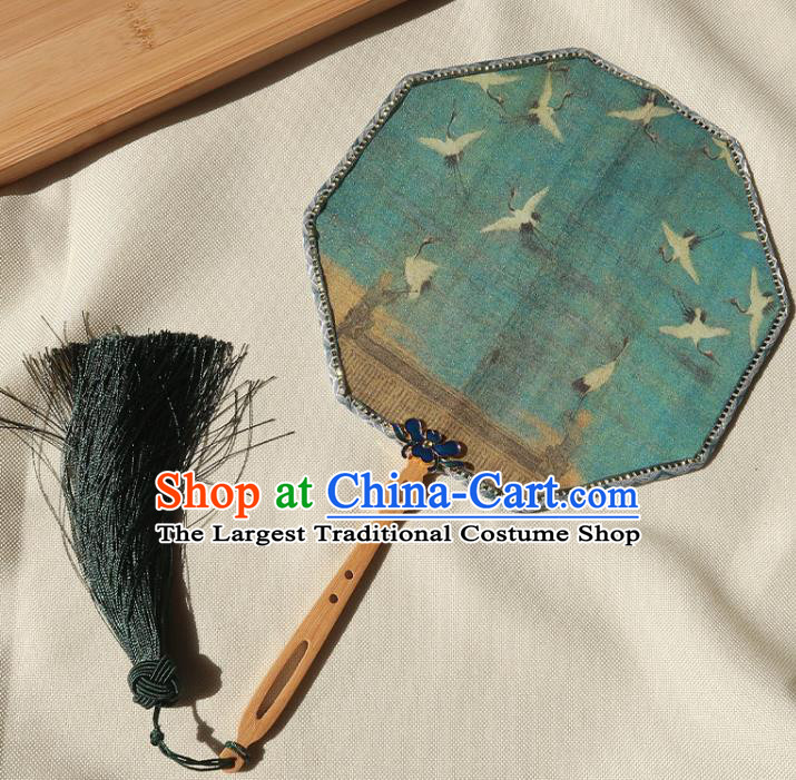 China Classical Printing Cranes Octagon Fan Traditional Wedding Palace Fan Handmade Hanfu Green Silk Fan