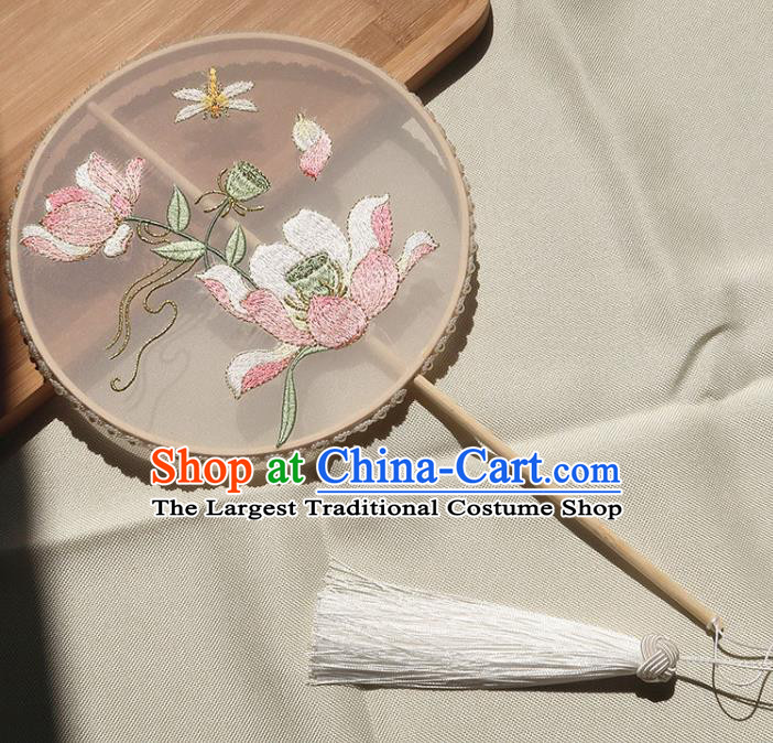 China Handmade Hanfu Light Pink Silk Fan Classical Embroidered Lotus Circular Fan Traditional Wedding Palace Fan