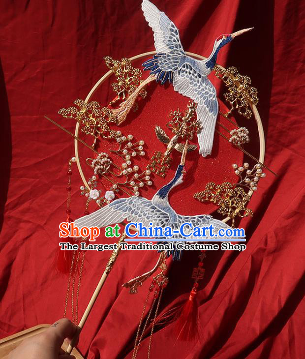 China Handmade Bride Hollowed Palace Fan Classical Dance Fan Traditional Wedding Embroidered Cranes Circular Fan
