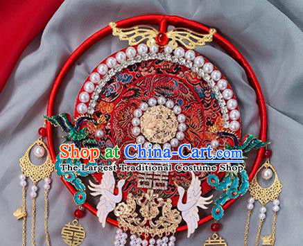 China Traditional Hanfu Pearls Circular Fan Handmade Blueing Phoenix Palace Fan Classical Red Fan