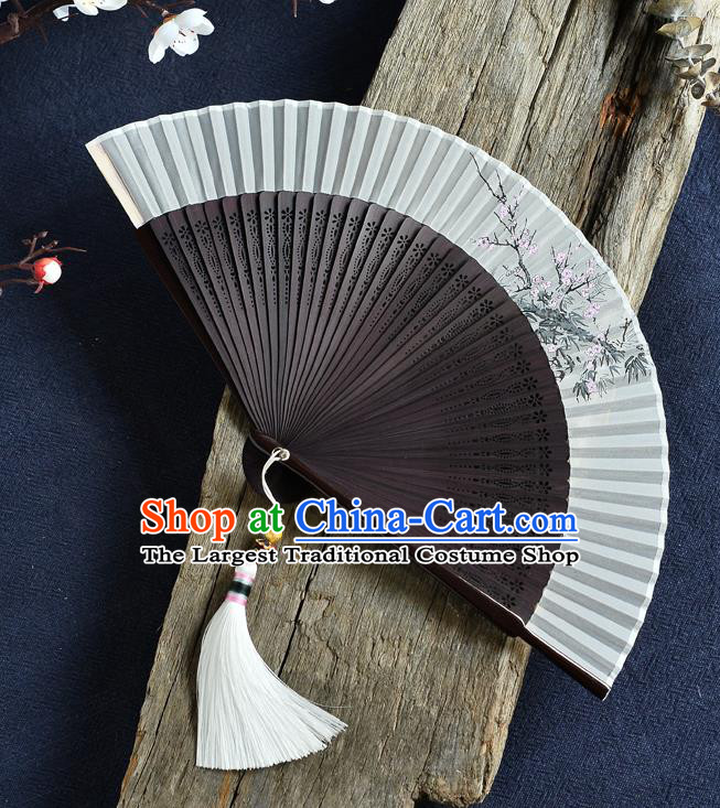 Handmade Chinese Accordion Fan Painting Plum Blossom Folding Fan Brown Bamboo Fans