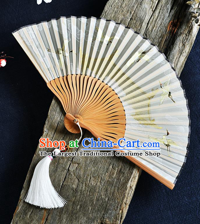 Handmade Chinese Beige Silk Fans Printing Cranes Folding Fan Accordion Fan