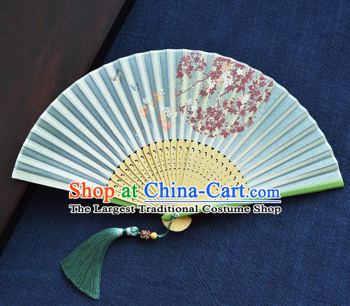 Handmade Chinese Green Bamboo Accordion Fan Blue Silk Fans Printing Folding Fan