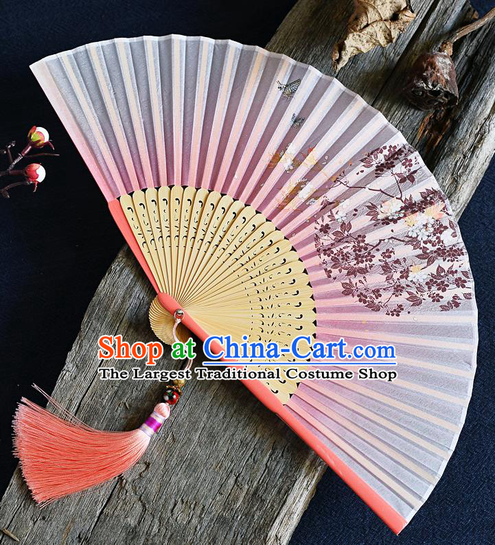 Handmade Chinese Printing Folding Fan Bamboo Accordion Fan Pink Silk Fans