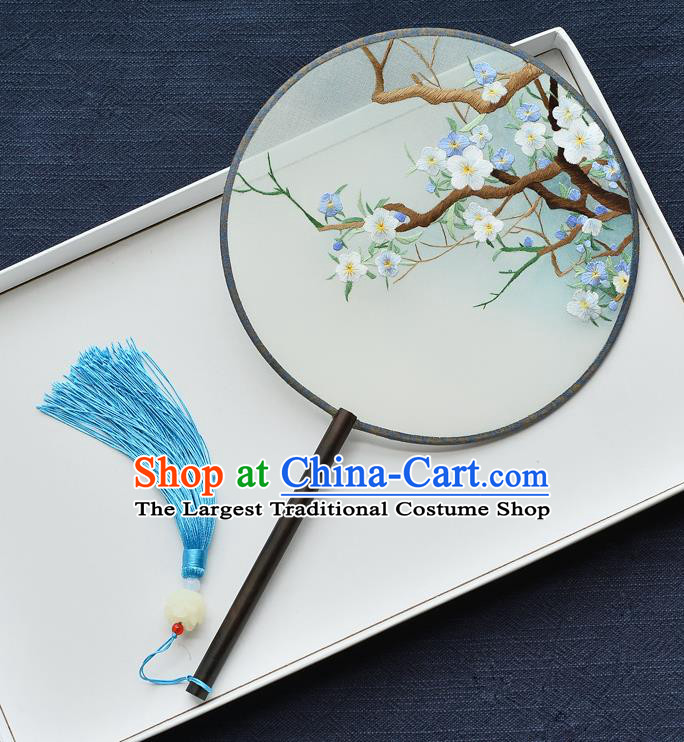 China Classical Dance Ebony Circular Fan Handmade Palace Fan Traditional Embroidered Plum Blossom Silk Fan