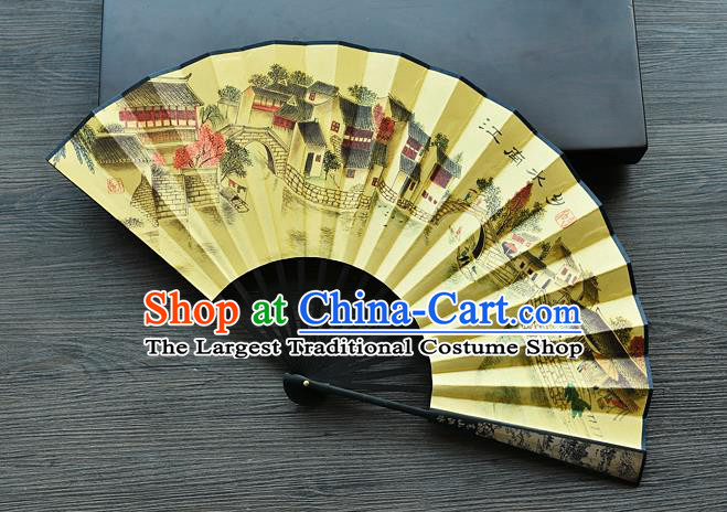 Handmade Chinese Ink Painting Jiangnan Watertown Folding Fan Carving Accordion Fan Ancient Swordsman Fan