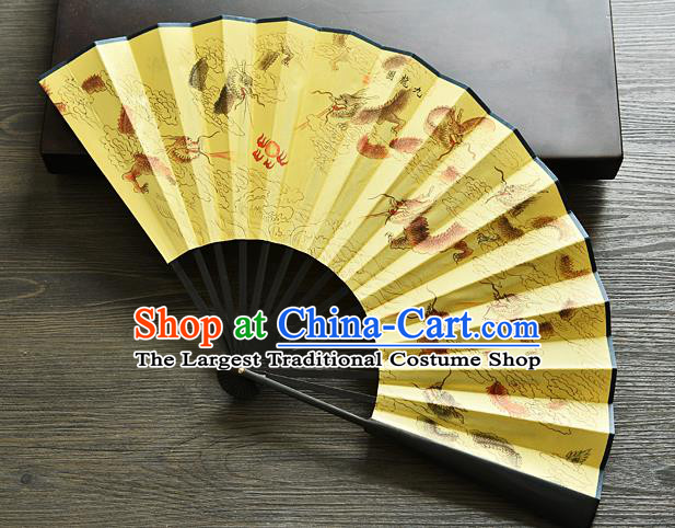Handmade Chinese Carving Accordion Fan Yellow Silk Fan Painting Nine Dragon Folding Fan
