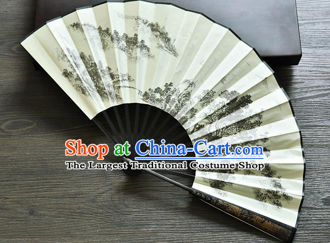 Handmade Chinese Silk Fan Painting Pinewood Folding Fan Carving Bamboo Accordion Fan
