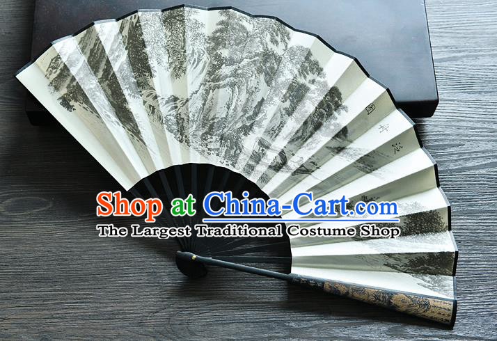Handmade Chinese Ink Painting Folding Fan Silk Fan Carving Bamboo Fan Accordion