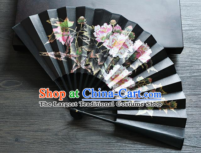 Handmade Chinese Printing Peony Folding Fan Accordion Fans Black Silk Fan
