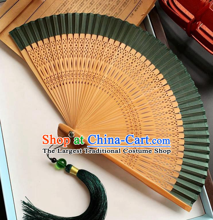 Chinese Classical Deep Green Silk Accordion Carving Bamboo Folding Fan Handmade Fan