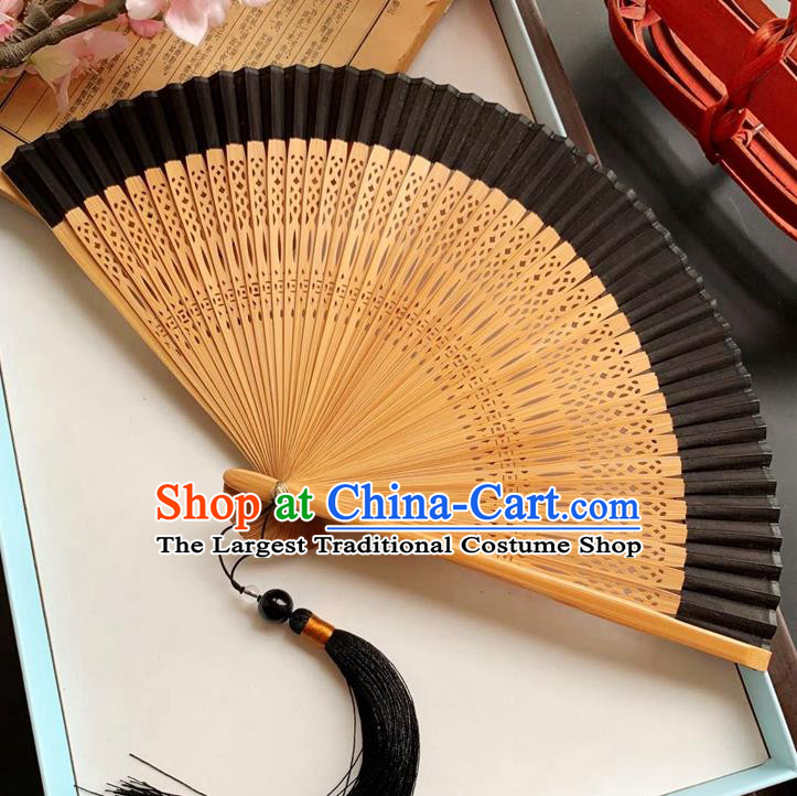 Chinese Carving Bamboo Folding Fan Handmade Fan Classical Black Silk Accordion