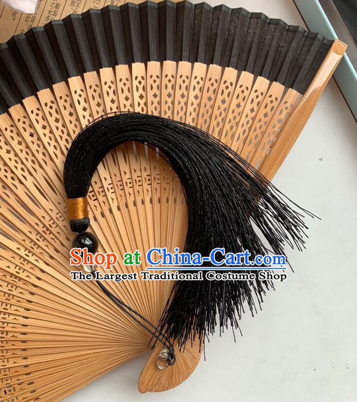 Chinese Carving Bamboo Folding Fan Handmade Fan Classical Black Silk Accordion
