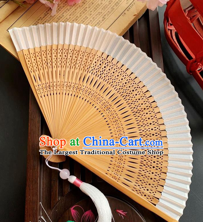 Chinese Handmade Fan Classical White Silk Accordion Carving Bamboo Folding Fan