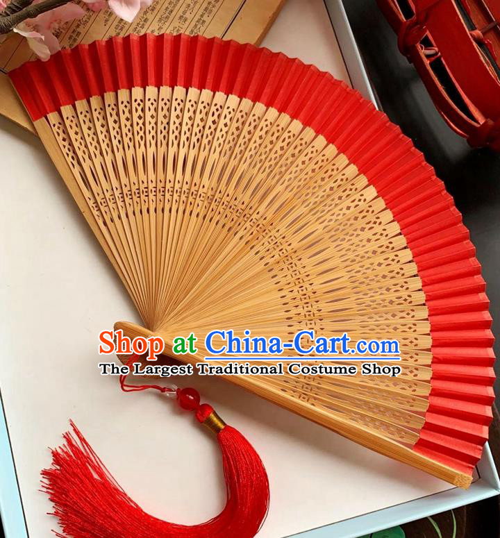 Chinese Carving Bamboo Folding Fan Handmade Fan Classical Red Silk Accordion Fans
