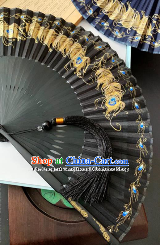 Chinese Classical Black Silk Accordion Fans Printing Peacock Feather Folding Fan Handmade Bamboo Fan
