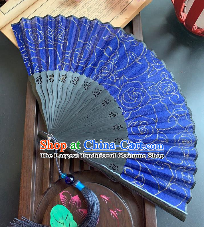 Chinese Handmade Folding Fan Hollowed Rose Bamboo Fan Classical Royalblue Silk Accordion Fans