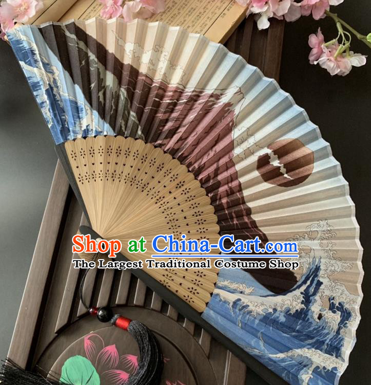 Chinese Classical Accordion Cloth Fans Handmade Printing Japan Mount Fuji Folding Fan Bamboo Fan