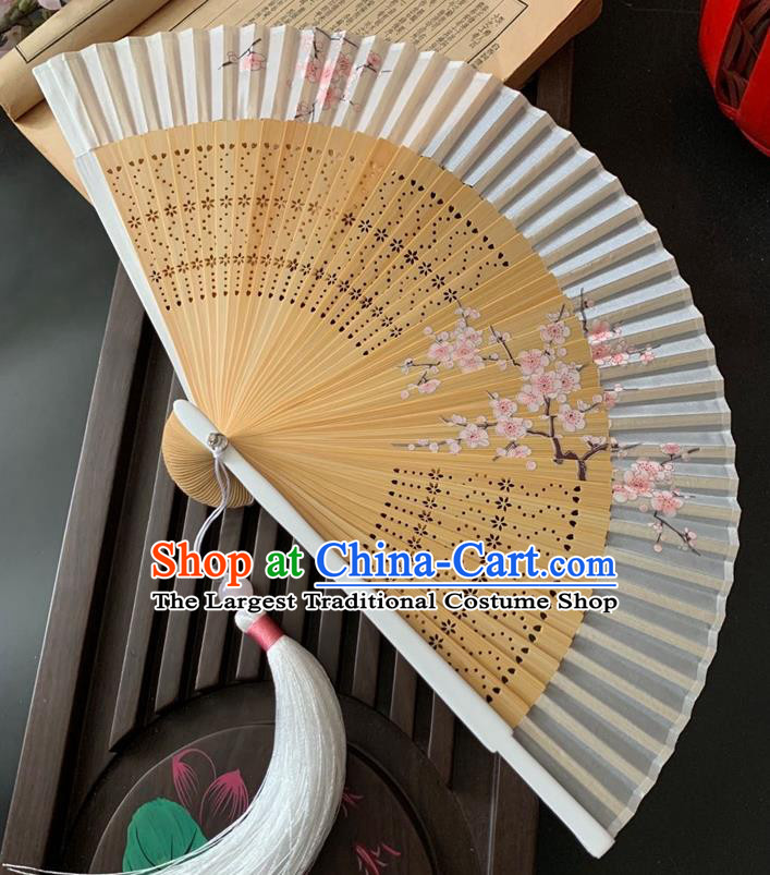 Chinese Classical Dance Accordion Handmade Printing Plum Blossom Folding Fan Bamboo Fan