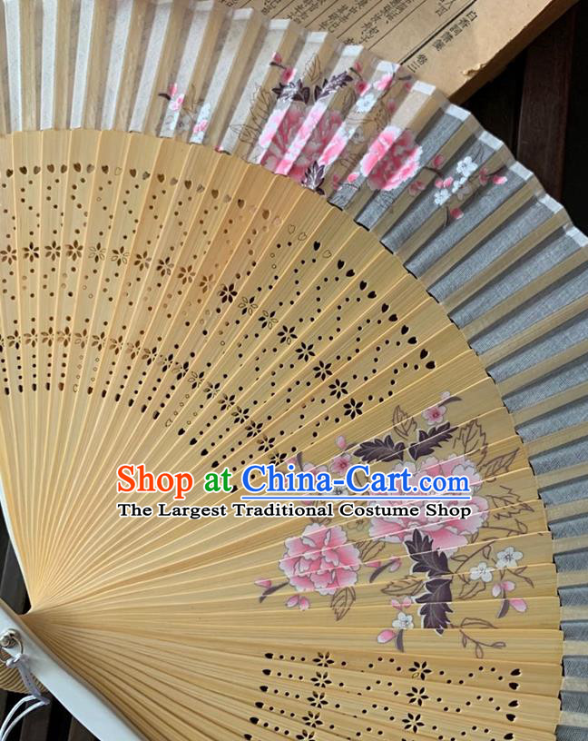 Chinese Handmade Printing Peony Folding Fan Bamboo Fan Classical Dance Accordion