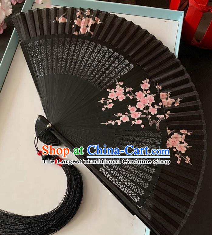 Chinese Handmade Printing Plum Blossom Folding Fan Bamboo Fan Classical Dance Black Silk Accordion