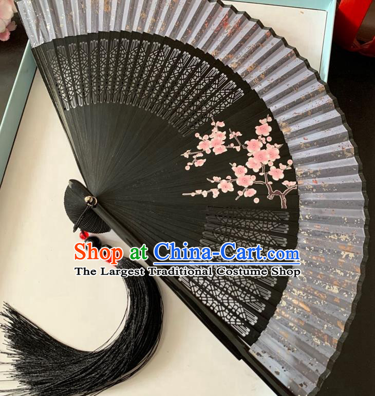 Chinese Handmade Bamboo Fan Classical Dance Grey Silk Accordion Printing Plum Blossom Folding Fan