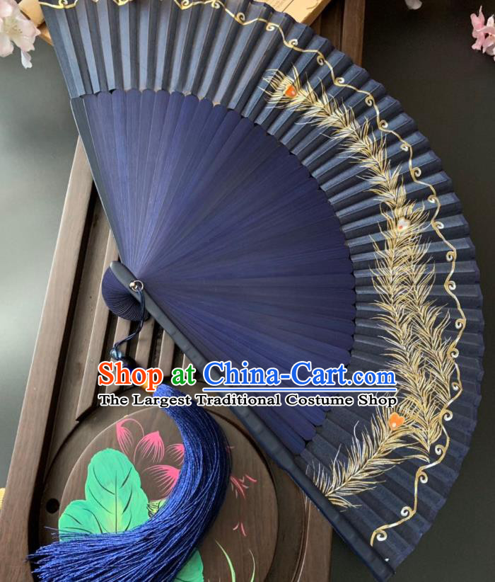 Chinese Classical Dance Blue Silk Accordion Printing Feather Folding Fan Handmade Bamboo Fan