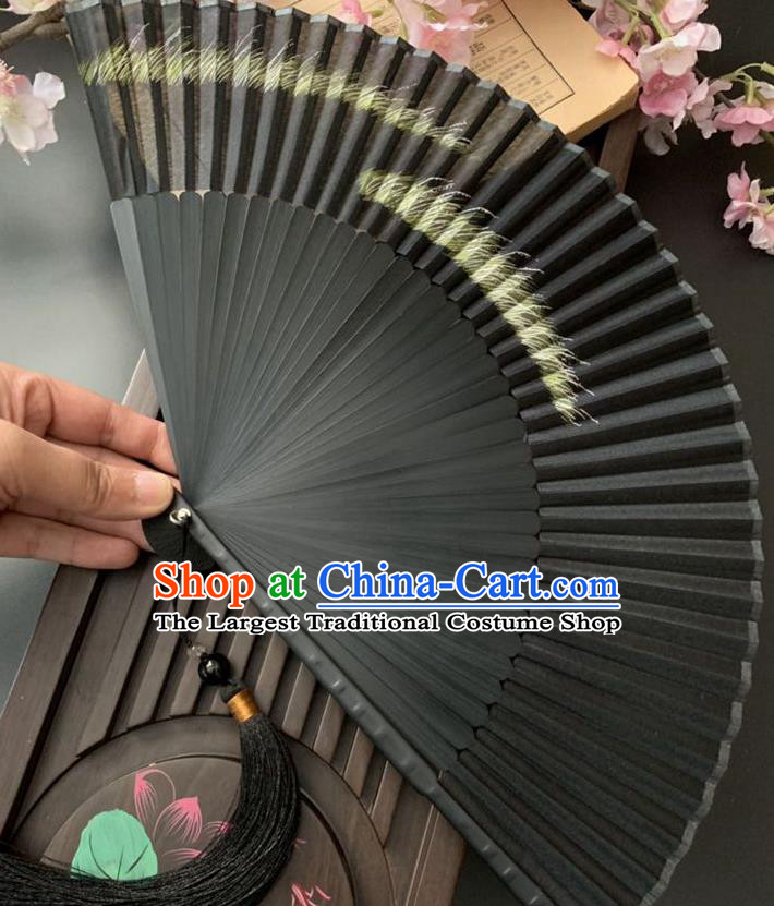 Chinese Printing Reed Folding Fan Handmade Bamboo Fan Classical Dance Black Silk Accordion