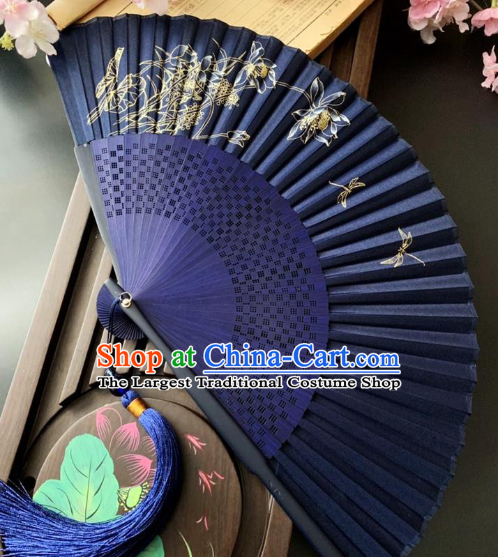 Chinese Printing Dragonfly Lotus Folding Fan Handmade Bamboo Fan Classical Dance Royalblue Silk Accordion