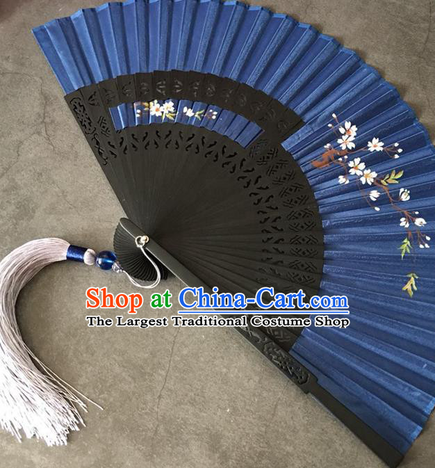 Chinese Classical Dance Royalblue Silk Accordion Printing Sakura Folding Fan Handmade Hollowed Bamboo Fan