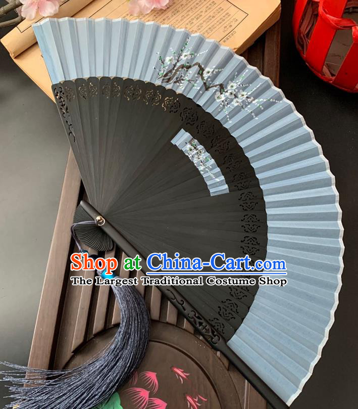 Chinese Handmade Hollowed Bamboo Fan Classical Dance Grey Silk Accordion Printing Plum Blossom Folding Fan