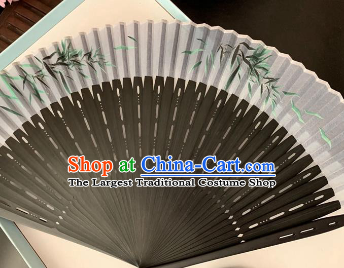Chinese Classical Dance Grey Silk Accordion Printing Bamboo Leaf Folding Fan Handmade Hollowed Fan