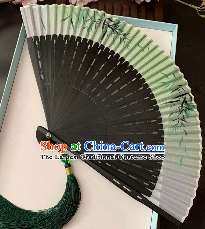 Chinese Handmade Hollowed Fan Classical Dance Green Silk Accordion Printing Bamboo Leaf Folding Fan