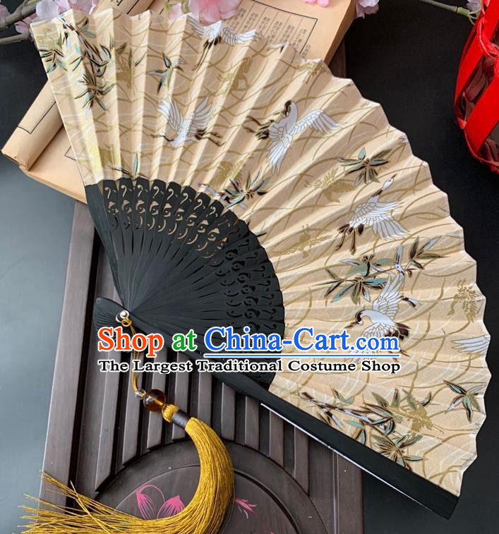 Japan Handmade Bamboo Fan Classical Dance Beige Silk Accordion Printing Cranes Folding Fan