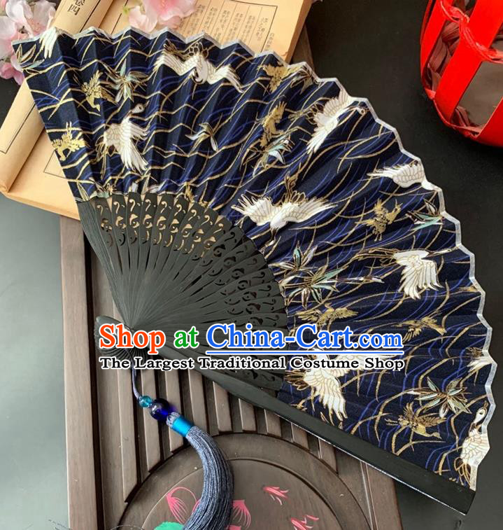 Japan Printing Cranes Folding Fan Handmade Bamboo Fan Classical Dance Navy Blue Silk Accordion