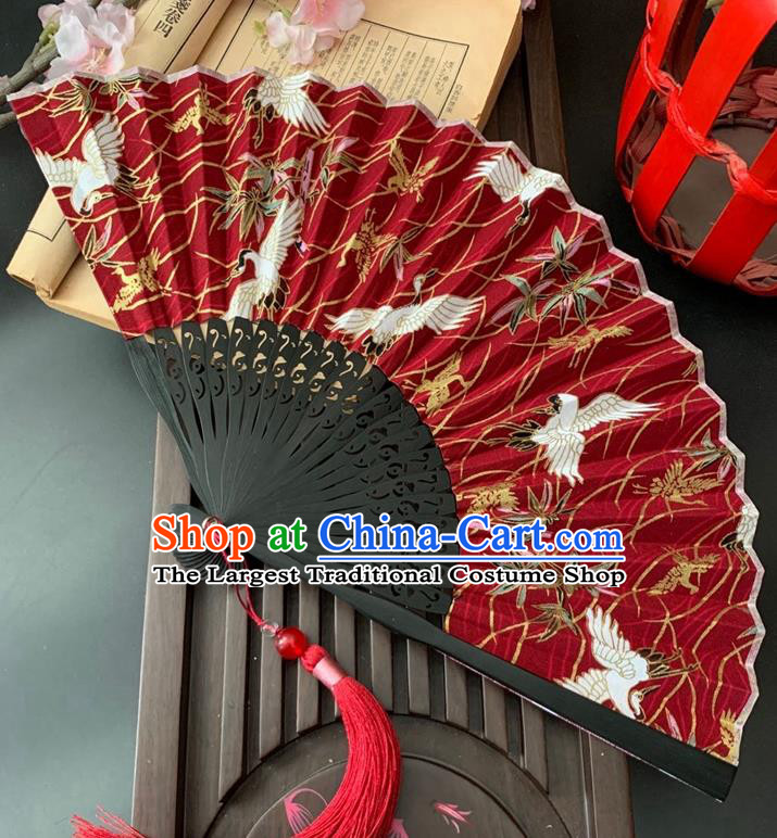 Japan Classical Dance Red Silk Accordion Printing Cranes Folding Fan Handmade Bamboo Fan