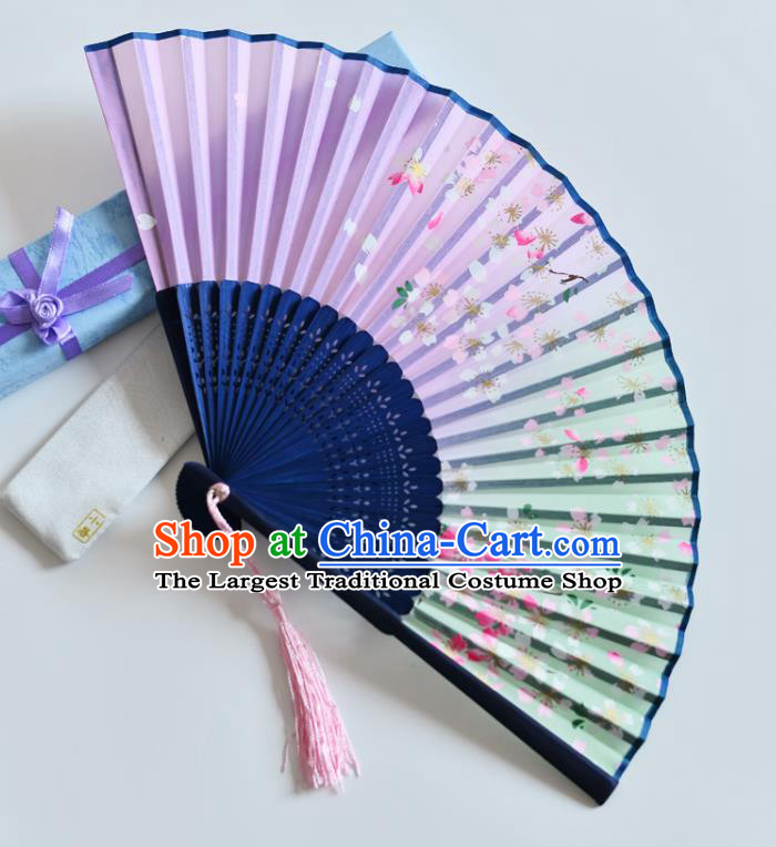 Handmade Chinese Printing Sakura Folding Fan Accordion Lilac Silk Fans