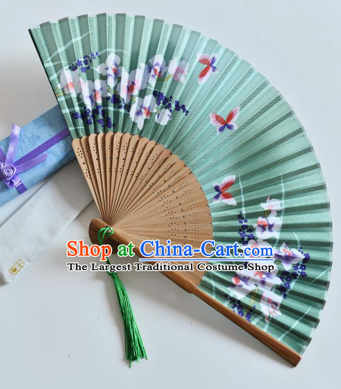 Handmade Chinese Green Silk Fans Printing Phalaenopsis Butterfly Folding Fan Accordion