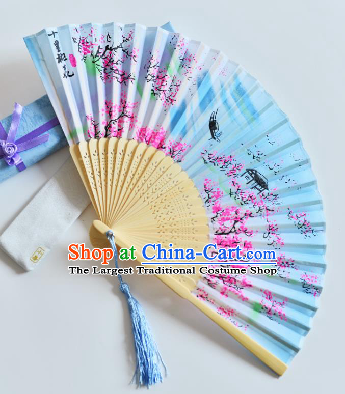 Handmade Chinese Accordion Blue Silk Fans Printing Peach Blossom Folding Fan