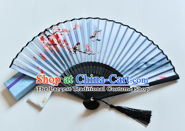 Handmade Chinese Classical Dance Accordion Printing Plum Blossom Bird Folding Fan Blue Silk Fans