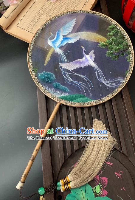 China Classical Dance Fans Handmade Palace Fan Traditional Hanfu Blue Silk Fan Embroidered Phoenix Circular Fan