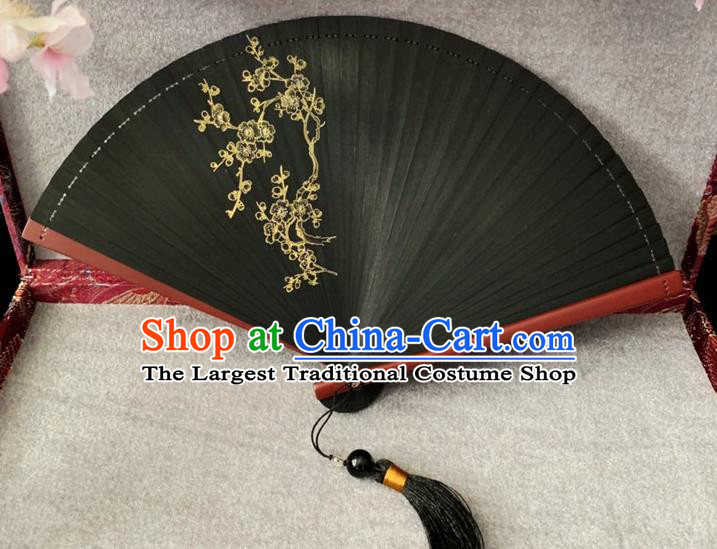 Chinese Handmade Black Bamboo Fan Classical Dance Accordion Printing Plum Blossom Folding Fan
