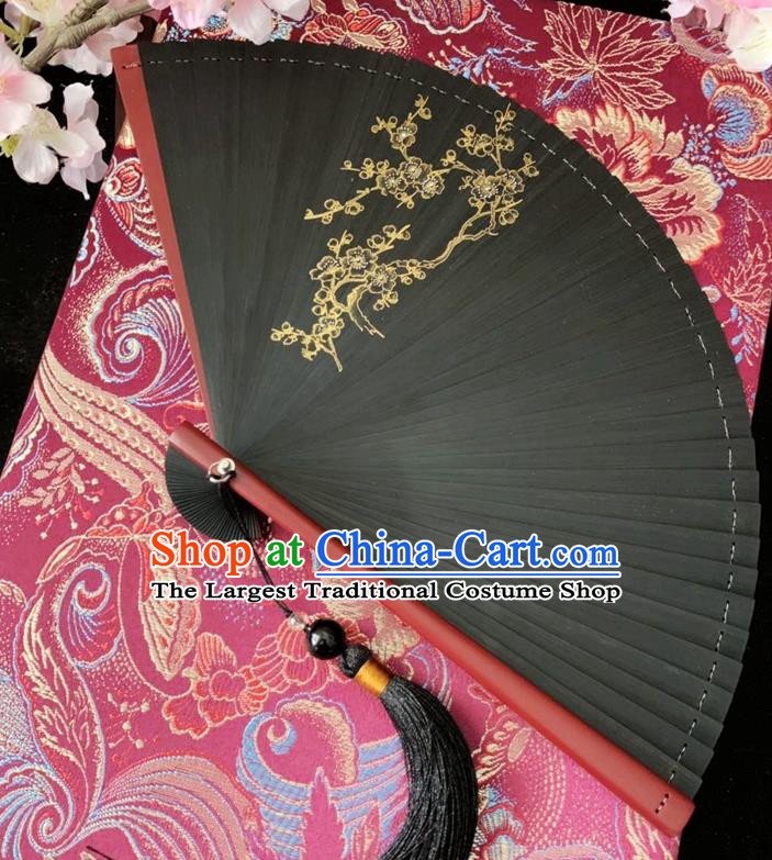 Chinese Handmade Black Bamboo Fan Classical Dance Accordion Printing Plum Blossom Folding Fan