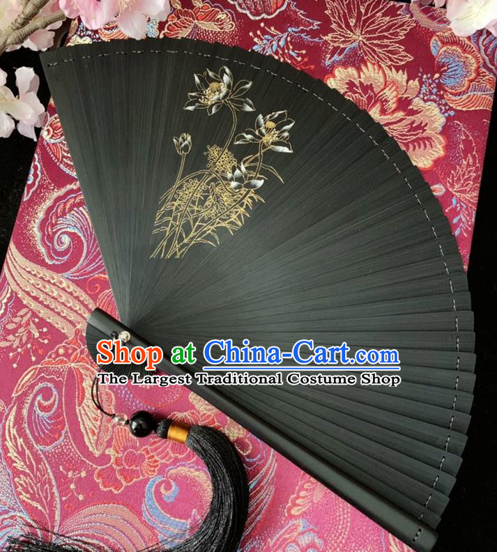 Chinese Classical Dance Accordion Printing Lotus Folding Fan Handmade Black Bamboo Fan