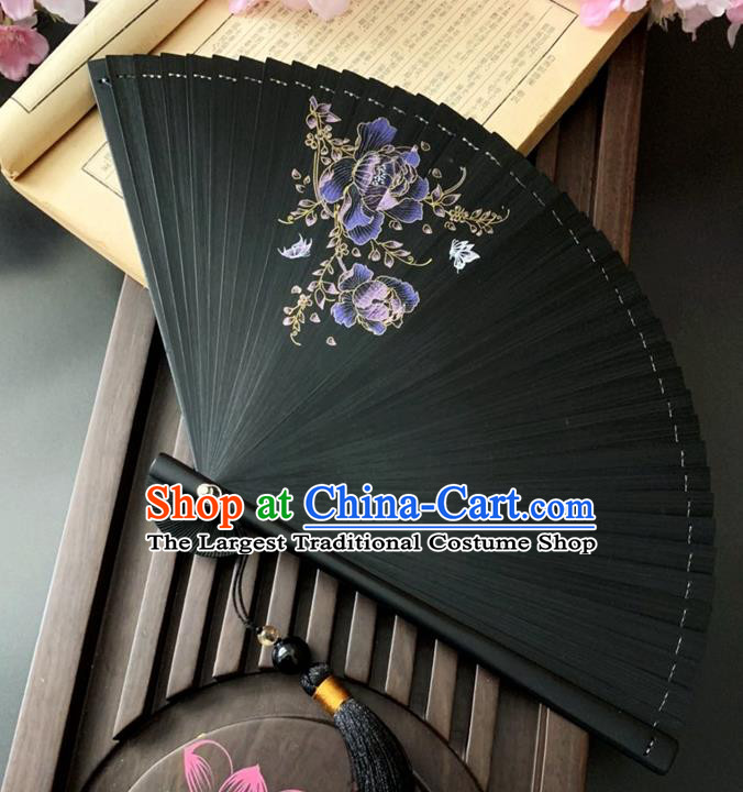 Chinese Printing Purple Peony Folding Fan Handmade Black Bamboo Fan Classical Dance Accordion