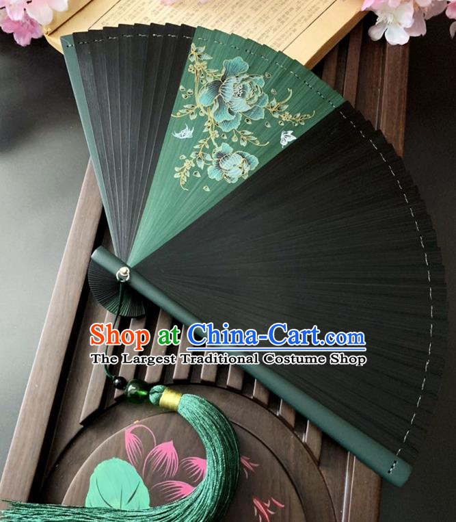 Chinese Printing Green Peony Folding Fan Classical Dance Accordion Handmade Black Bamboo Fan