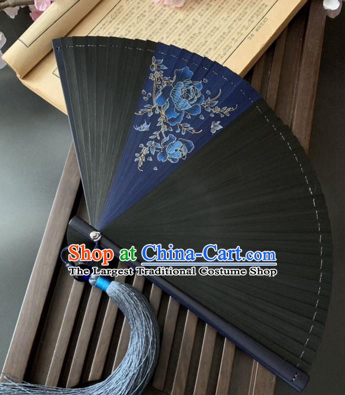 Chinese Craft Classical Dance Accordion Handmade Bamboo Fan Printing Blue Peony Folding Fan