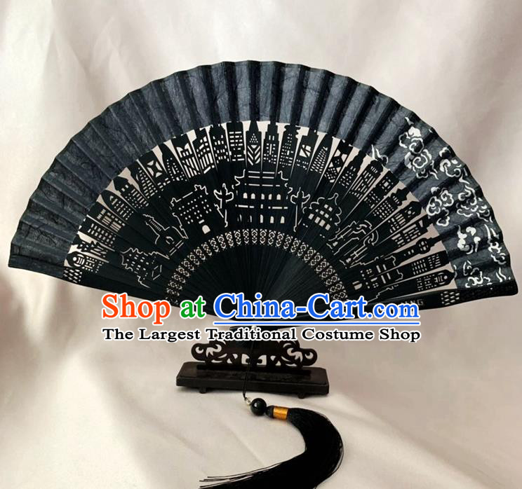 Chinese Classical Dance Accordion Craft Handmade Hollowed Black Bamboo Fan Silk Folding Fan
