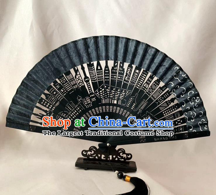 Chinese Classical Dance Accordion Craft Handmade Hollowed Black Bamboo Fan Silk Folding Fan