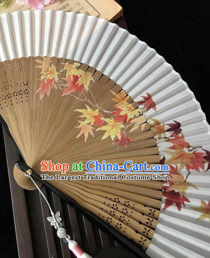 Chinese Printing Maple Leaf Folding Fan Classical Dance Silk Accordion Craft Handmade Bamboo Fan